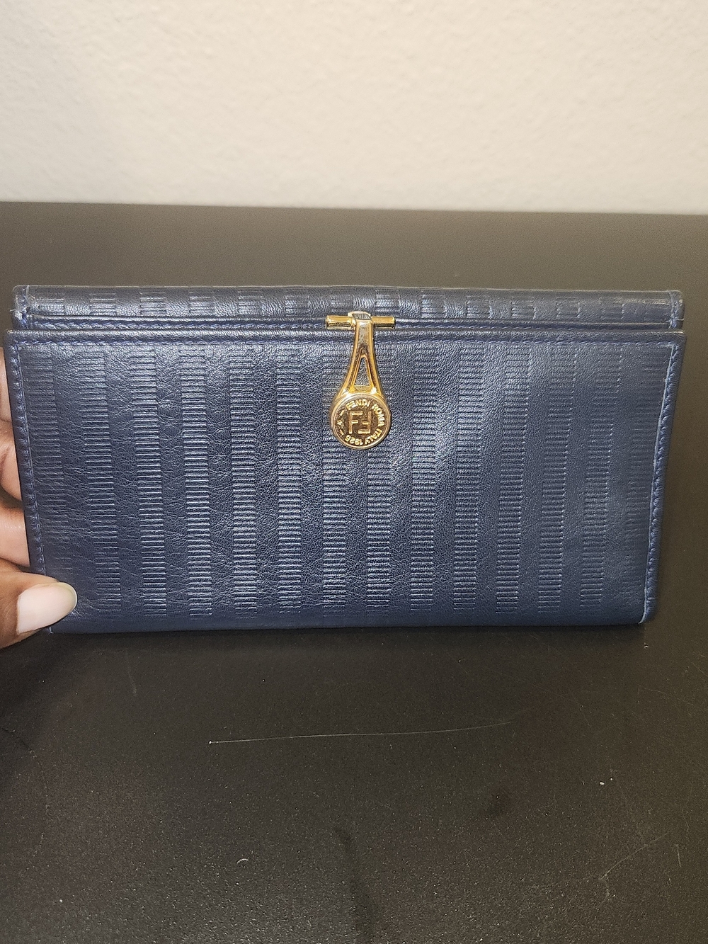 Fendi Navy Textured Wallet with Gold-Tone F Logo